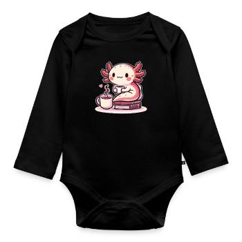 Stack of books with tea axolotl - Organic Longsleeve Baby Bodysuit - black - Front