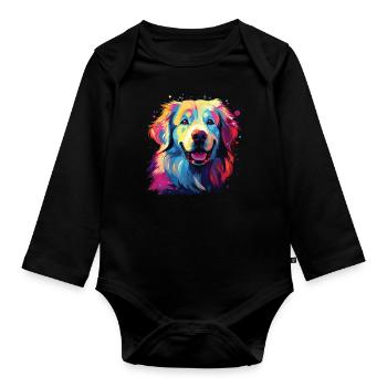 Aquarelle coloré chien de montagne des Pyrénées - Body Bébé bio manches longues - noir - Devant