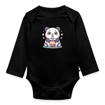 Kawaii Pandas Bubble Tea Boba Panda - Body Bébé bio manches longues - noir - Devant
