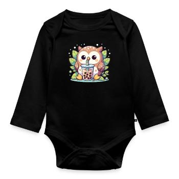 Kawaii Eulen Bubble Tea Boba Eule - Baby Bio-Langarm-Body - Schwarz - Vorne