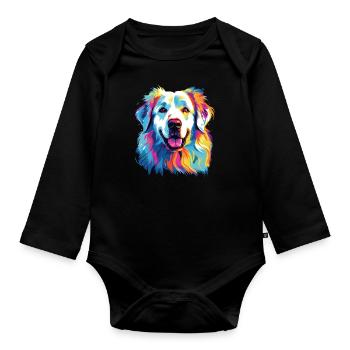 Aquarelle coloré chien de montagne des Pyrénées - Body Bébé bio manches longues - noir - Devant