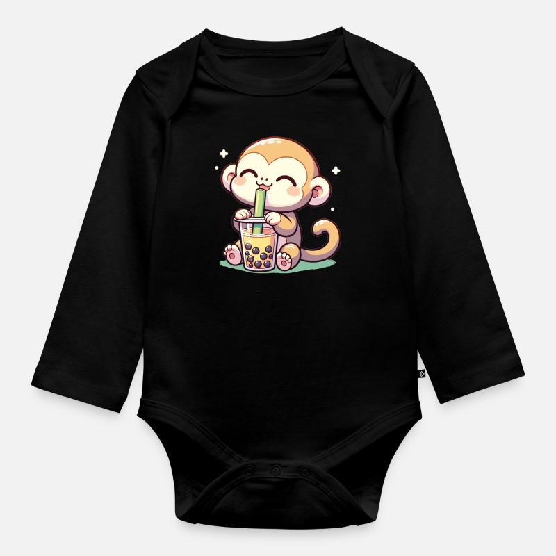 Kawaii Bubble Tea Boba Cappuccino Äffchen - Baby Bio-Langarm-Body - Schwarz