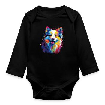 Watercolor Colorful American Eskimo Dog - Organic Longsleeve Baby Bodysuit - black - Front