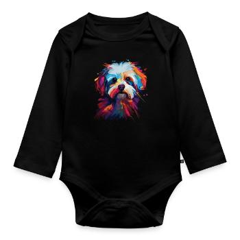 Watercolor Colorful Maltese - Organic Longsleeve Baby Bodysuit - black - Front