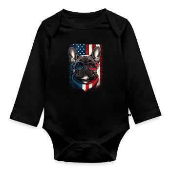 4 juillet Bouledogue français américain drapeau des États-Unis - Body Bébé bio manches longues - noir - Devant