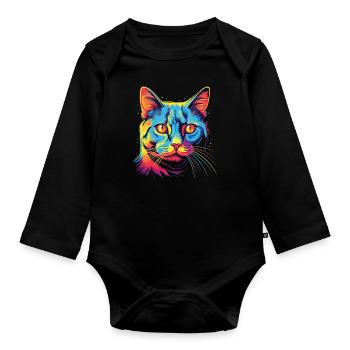 Watercolor Colorful Domestic Shorthair - Organic Longsleeve Baby Bodysuit - black - Front