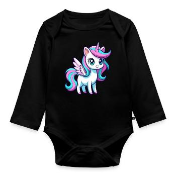 Licorne arc-en-ciel mignonne - Body Bébé bio manches longues - noir - Devant