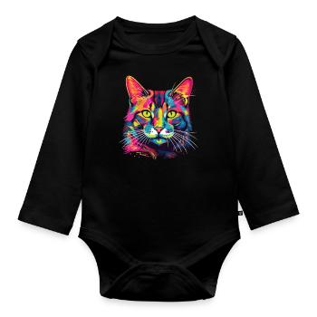 Watercolor Colorful Domestic Shorthair - Organic Longsleeve Baby Bodysuit - black - Front