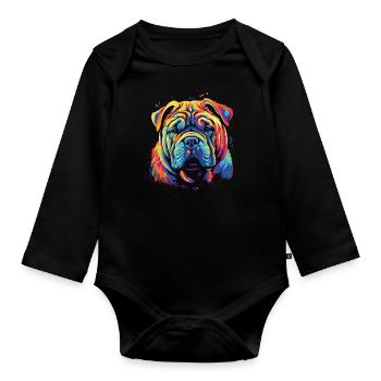 Aquarelle colorée chinoise Shar Pei - Body Bébé bio manches longues - noir - Devant