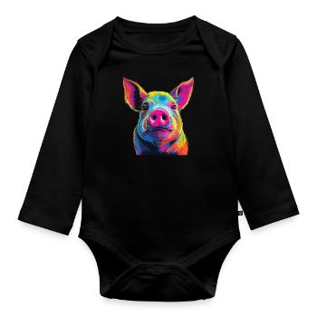 Watercolor Colorful Pig Colorful Animals - Organic Longsleeve Baby Bodysuit - black - Front