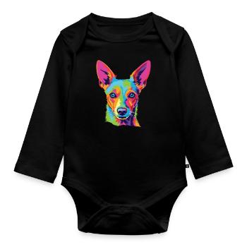 Wasserfarben Farbenfroher Portuguese Podengo - Baby Bio-Langarm-Body - Schwarz - Vorne