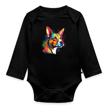 Wasserfarben Farbenfroher Basenji - Baby Bio-Langarm-Body - Schwarz - Vorne