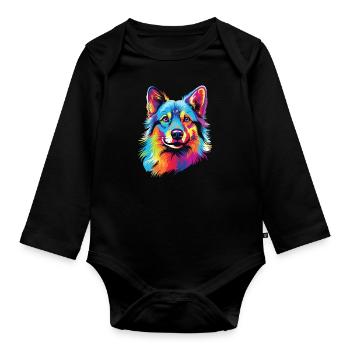 Aquarelle colorée norvégienne Lundehund - Body Bébé bio manches longues - noir - Devant