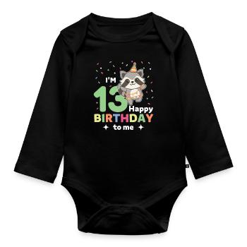Raccoon for 13th birthday for children thirteen - Organic Longsleeve Baby Bodysuit - black - Front