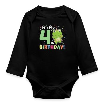 Frog for 4th birthday children four years old - Organic Longsleeve Baby Bodysuit - black - Front