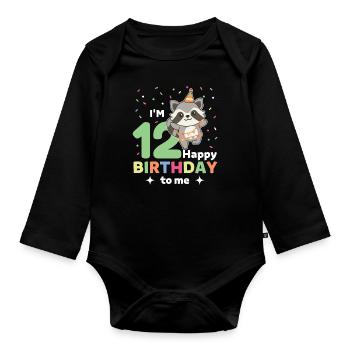 Raccoon for 12th birthday for children twelve years - Organic Longsleeve Baby Bodysuit - black - Front
