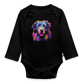 Wasserfarben Farbenfroher Petit Basset Pyrenean - Baby Bio-Langarm-Body - Schwarz - Vorne