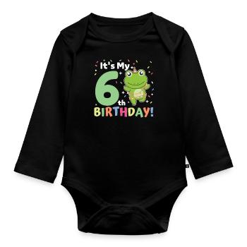 Frog for 6th birthday children six years old - Organic Longsleeve Baby Bodysuit - black - Front