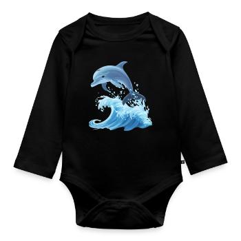 Dolphin Graphic with Waves Dolphin Lover Ocean - Organic Longsleeve Baby Bodysuit - black - Front