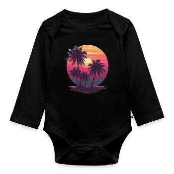 Océan Palmiers Vintage Rétro Coucher de soleil - Body Bébé bio manches longues - noir - Devant