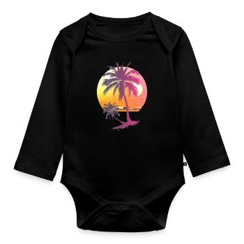 Océan Palmiers Vintage Rétro Coucher de soleil - Body Bébé bio manches longues - noir - Devant