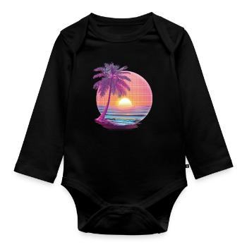 Océan Palmiers Vintage Rétro Coucher de soleil - Body Bébé bio manches longues - noir - Devant