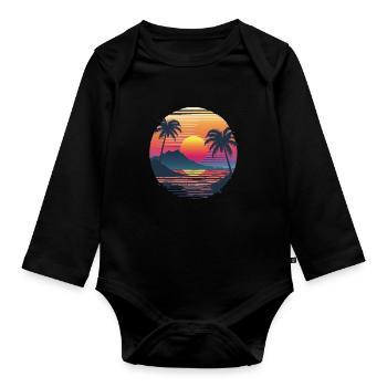 Océan Palmiers Vintage Rétro Coucher de soleil - Body Bébé bio manches longues - noir - Devant
