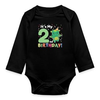 Drache zum 2. Geburtstag Kinder zwei Jahre alt - Baby Bio-Langarm-Body - Schwarz - Vorne