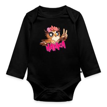 HANKA - Schöner Mädchen Name mit süßer EULE - Baby Bio-Langarm-Body - Schwarz - Vorne