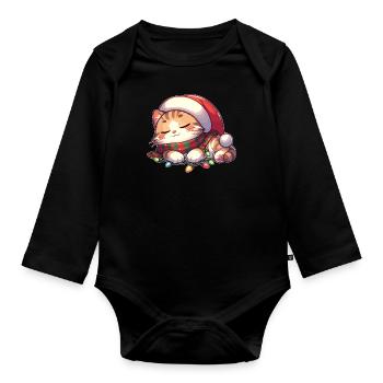 Weihnachtsmütze Weihnachten Lichterkette Katze - Baby Bio-Langarm-Body - Schwarz - Vorne