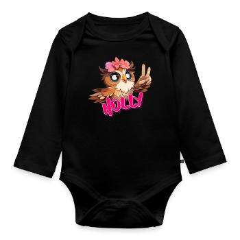 HOLLY - Schöner Mädchen Name mit süßer EULE - Baby Bio-Langarm-Body - Schwarz - Vorne