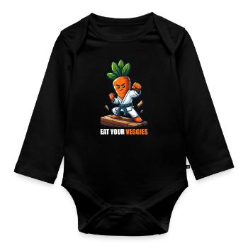 Karate Carrot Motif Eat Your Veggies - Organic Longsleeve Baby Bodysuit - black - Front