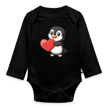 Cute Penguin Holding a Red Heart for Valentine's - Baby Bio-Langarm-Body - Schwarz - Vorne
