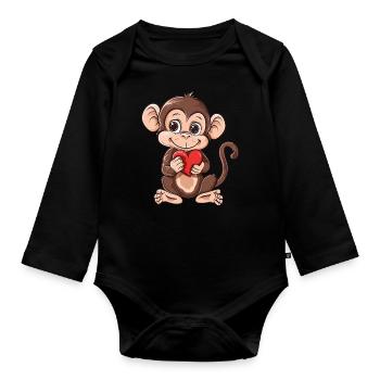 Cute Monkey Holding Red Heart Adorable Animal - Baby Bio-Langarm-Body - Schwarz - Vorne