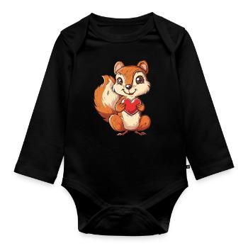 Adorable écureuil avec illustration de cœur rouge - Body Bébé bio manches longues - noir - Devant