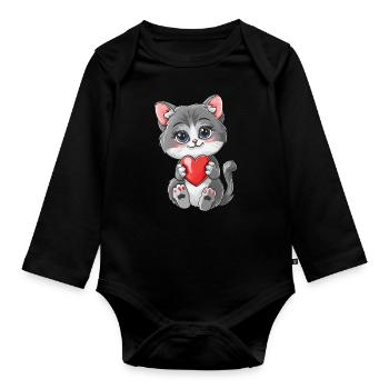 Cute Kitten Holding Heart Adorable Cat Art for - Organic Longsleeve Baby Bodysuit - black - Front