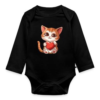 Adorable Kitten Holding Heart With Big Eyes - Baby Bio-Langarm-Body - Schwarz - Vorne