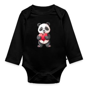 Mignon panda tenant un coeur pour les amoureux des animaux - Body Bébé bio manches longues - noir - Devant