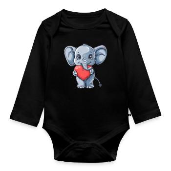 Éléphant mignon tenant une illustration de coeur pour - Body Bébé bio manches longues - noir - Devant