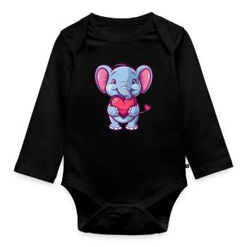Adorable Elephant Holding Heart Cartoon - Baby Bio-Langarm-Body - Schwarz - Vorne
