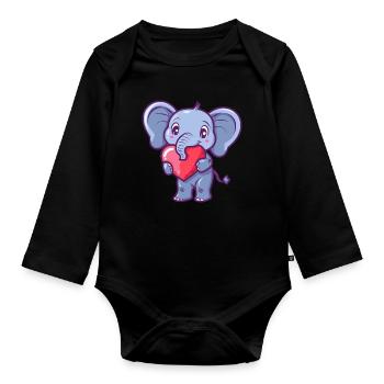 Adorable Elephant With Heart Illustration for - Organic Longsleeve Baby Bodysuit - black - Front