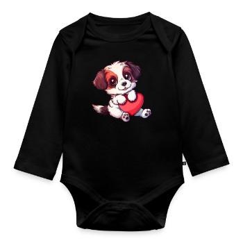 Adorable Puppy Holding Heart Illustration Perfect - Organic Longsleeve Baby Bodysuit - black - Front