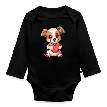 Adorable Puppy Holding Heart Illustration for Dog - Organic Longsleeve Baby Bodysuit - black - Front
