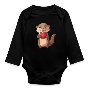 Loutre mignonne tenant coeur doux amour illustration - Body Bébé bio manches longues - noir - Devant