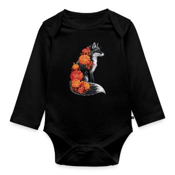 Fox Flowers, animal fox with floral flowers - Organic Longsleeve Baby Bodysuit - black - Front