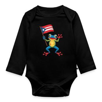 Puerto Rico Flag Coqui Frog with Flag - Organic Longsleeve Baby Bodysuit - black - Front