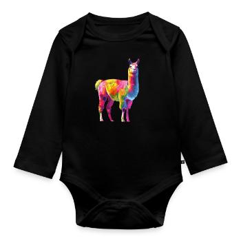 Lama Alpaka Regenbogen Kunstwerk - Baby Bio-Langarm-Body - Schwarz - Vorne