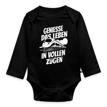 Genieße das Leben in vollen Zügen - Bahn - Zug - Baby Bio-Langarm-Body - Schwarz - Vorne
