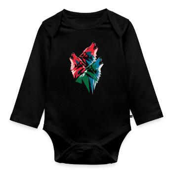 Drei Bunte Wölfe Kunstwerk - Baby Bio-Langarm-Body - Schwarz - Vorne