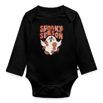 spooky season groovy ghost with vintage flowers - Organic Longsleeve Baby Bodysuit - black - Front